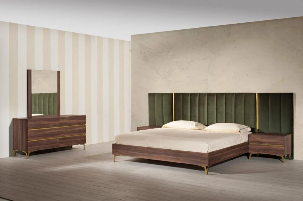Bedroom Set Modern Walnut & Green Velvet Bedroom Set