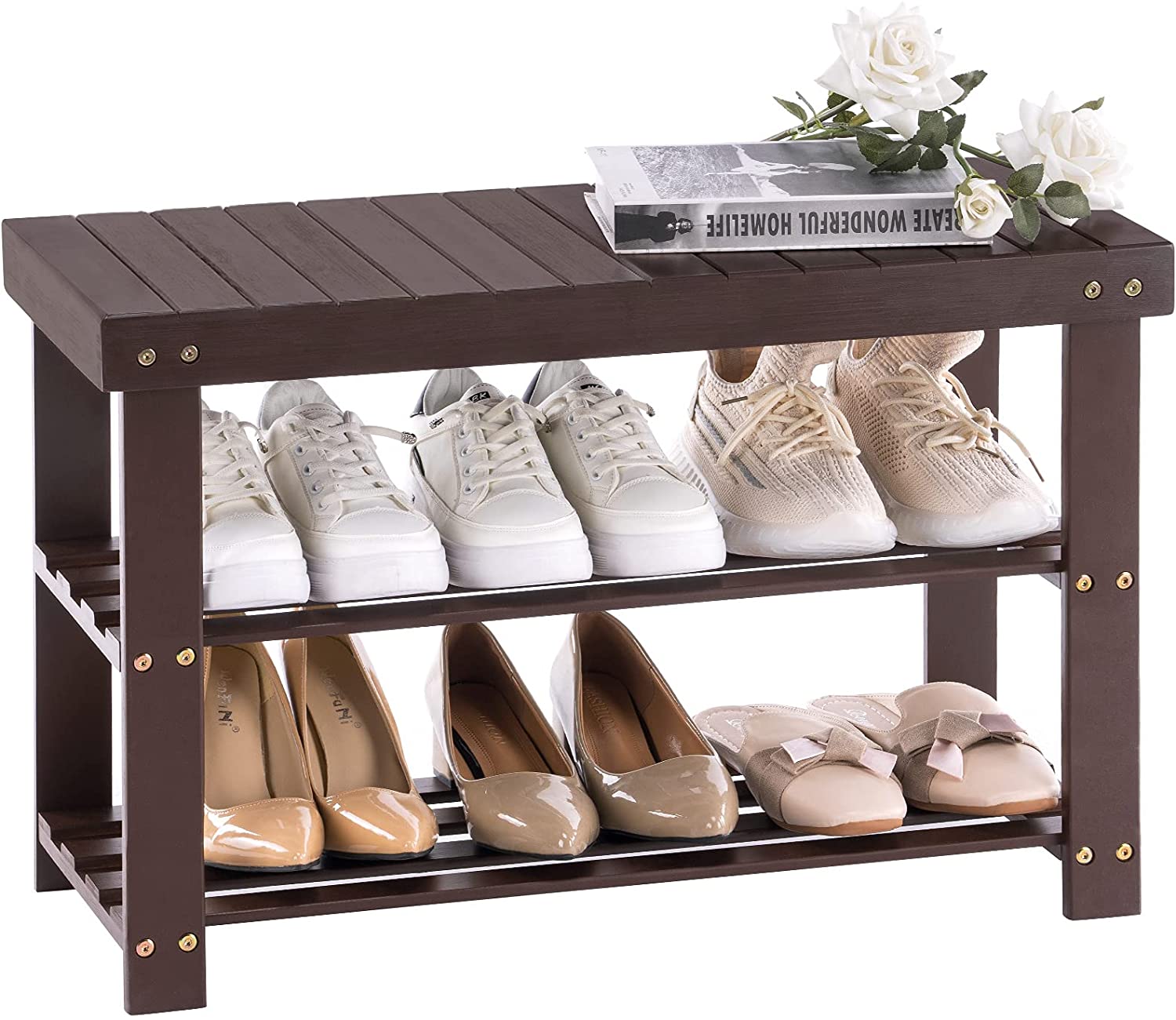 Benches: Entryway Storage Premium Shoe Organizer or Entryway Bench Dark Brown 