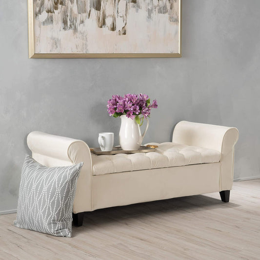 Benches Knight Home Velvet Armed Storage Bench, Ivory 