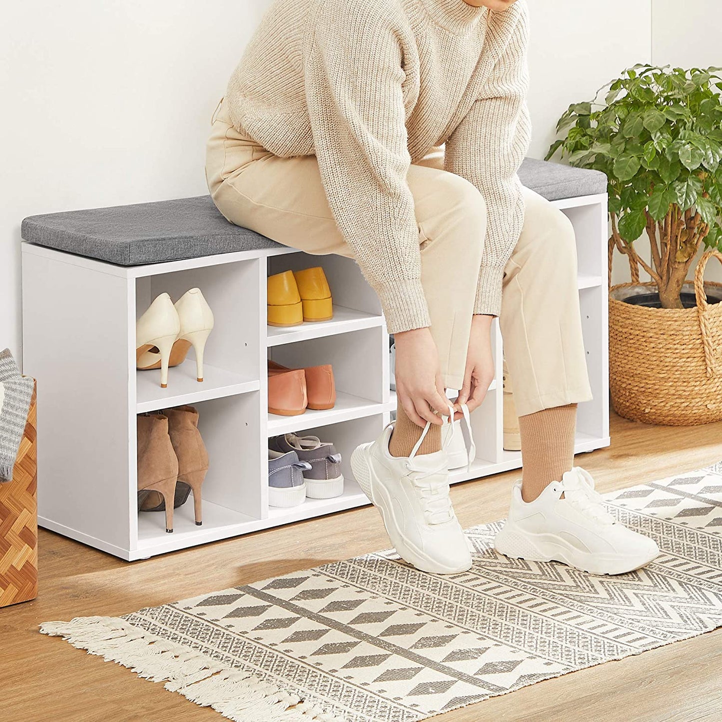 Benches : Shoe Cabinet Storage Bench with Cushion, Adjustable Shelves