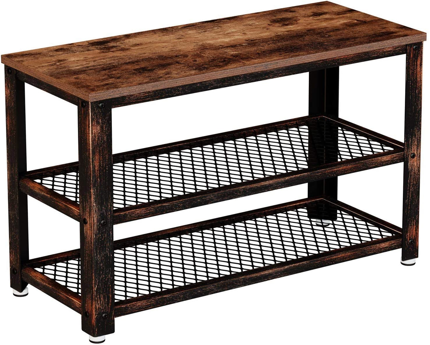 Benches Storage Entry Bench with Mesh Shelves Wood Seat, Rustic Foyer Bench for Hallway Front Door, Doorway, Living Room, Mudroom, Steel Frame, Rustic Brown 