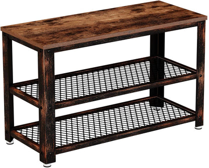 Benches Storage Entry Bench with Mesh Shelves Wood Seat, Rustic Foyer Bench for Hallway Front Door, Doorway, Living Room, Mudroom, Steel Frame, Rustic Brown 
