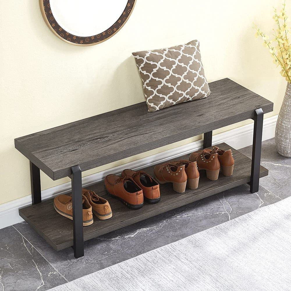 Benches Storage, Rustic Wood and Metal Shoe Rack Bench Seat, Grey 