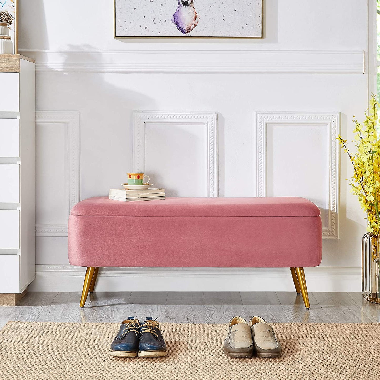 Benches: Velvet Storage Bench with Golden Powder Coating Legs