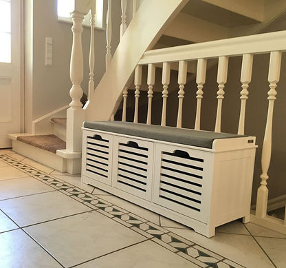 Benches: White Storage Bench with 3 Drawers & Padded Seat Cushion
