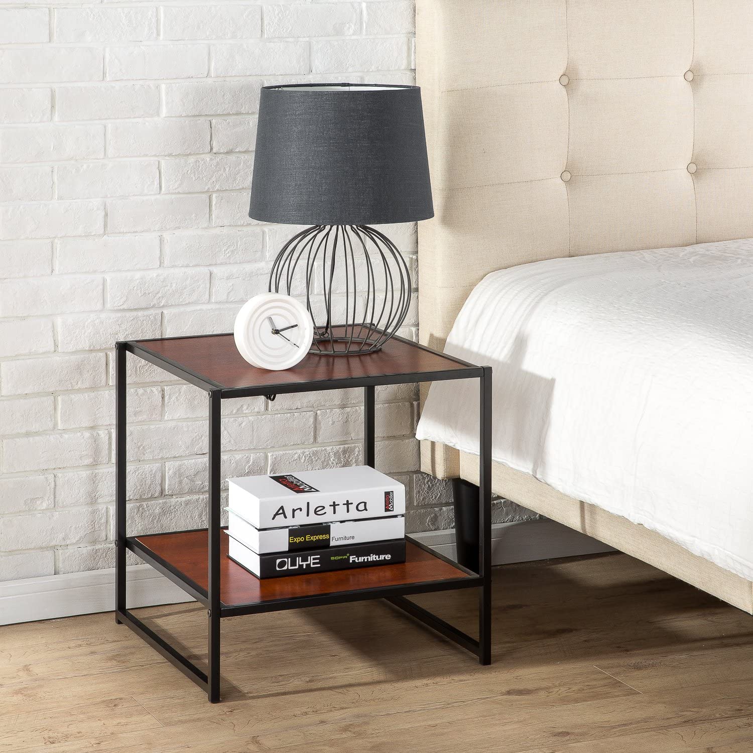 Side Tables:Black Frame Side Table / End Table / Easy Assembly, Red mahogany wood grain