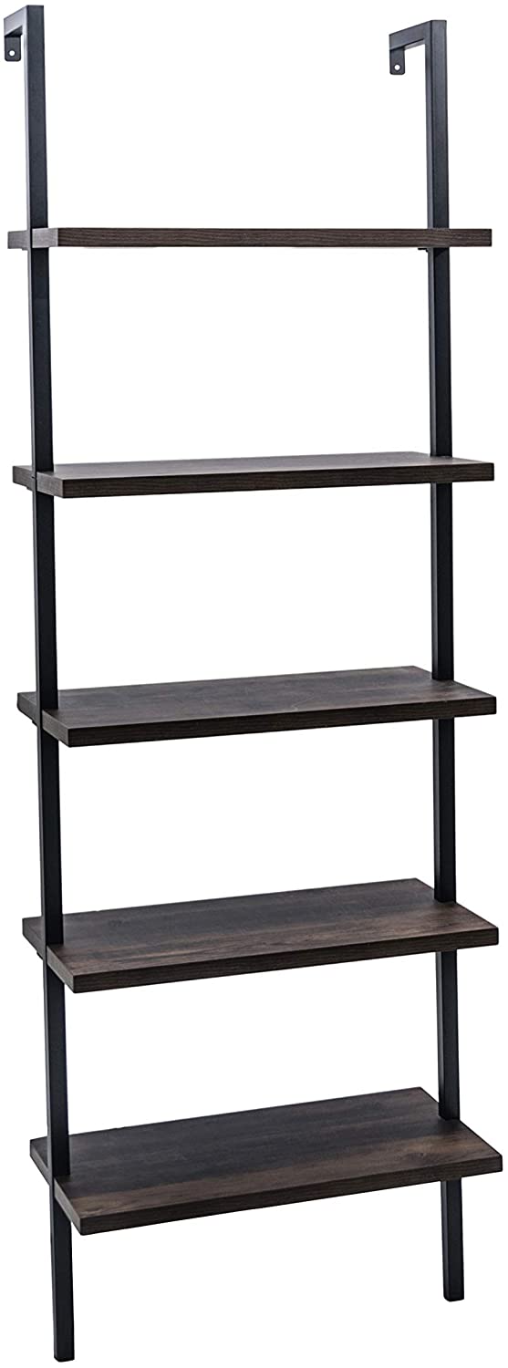 Bookshelf: 5-Shelf Oak Wood Modern Bookcase, Black Metal Frame 
