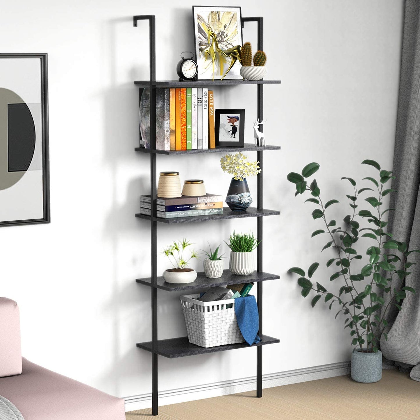 Bookshelf: 5-Tier Bookshelf with Metal Frame and Wood