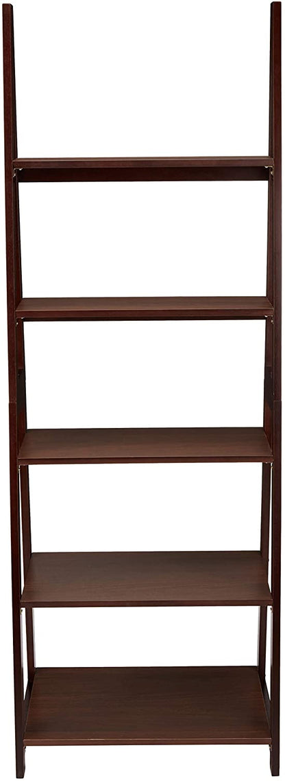 Bookshelf: 5-Tier Ladder Bookshelf Organizer with Solid Rubber Wood Frame