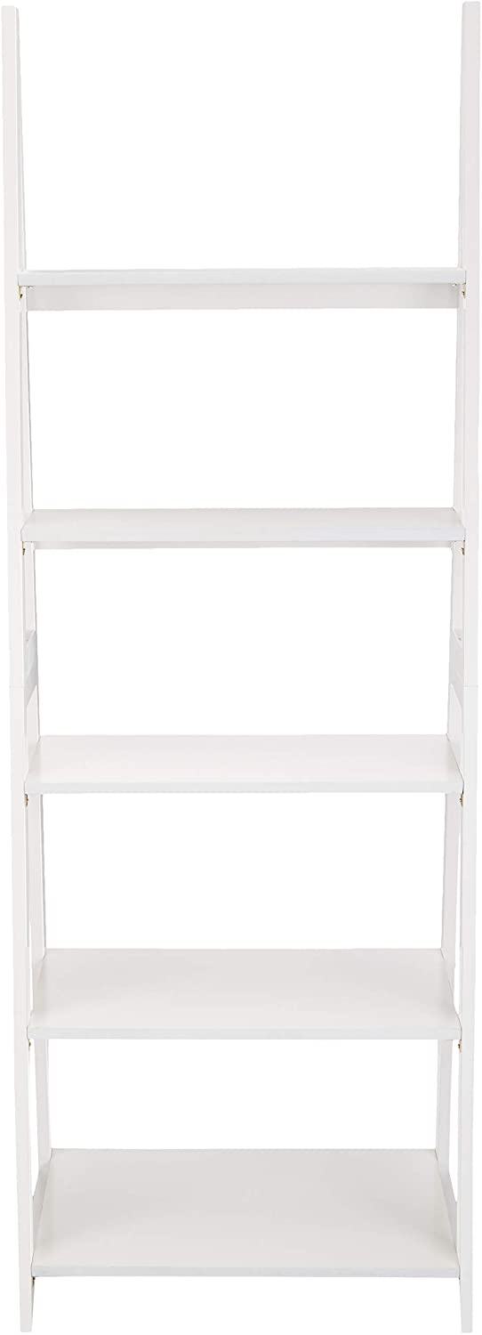 5-Tier Ladder Bookshelf Organizer, Solid Rubberwood Frame - high quality White