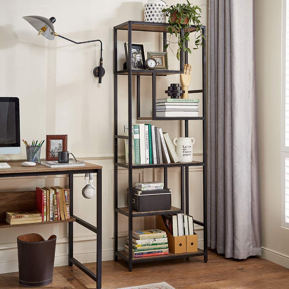 Bookshelf: 6-Tier Open Back Shelf with Wood Look and Metal Frame Bookshelf