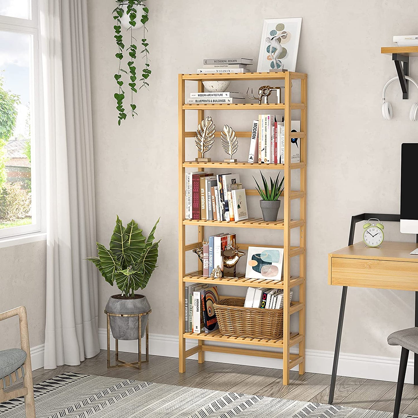 Bookshelf: 6 Tiers Bamboo Adjustable Tall Book Shelf Rack Organizer 
