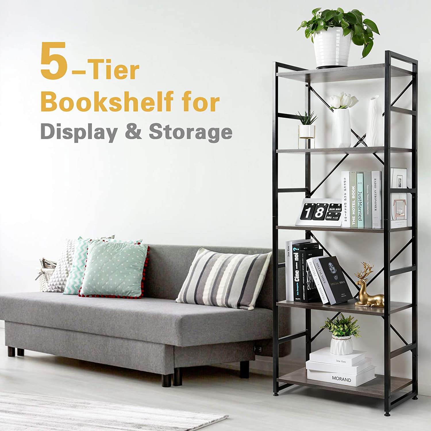 Bookshelf: Modern 5 Tier Standing Metal Frame Book Shelf