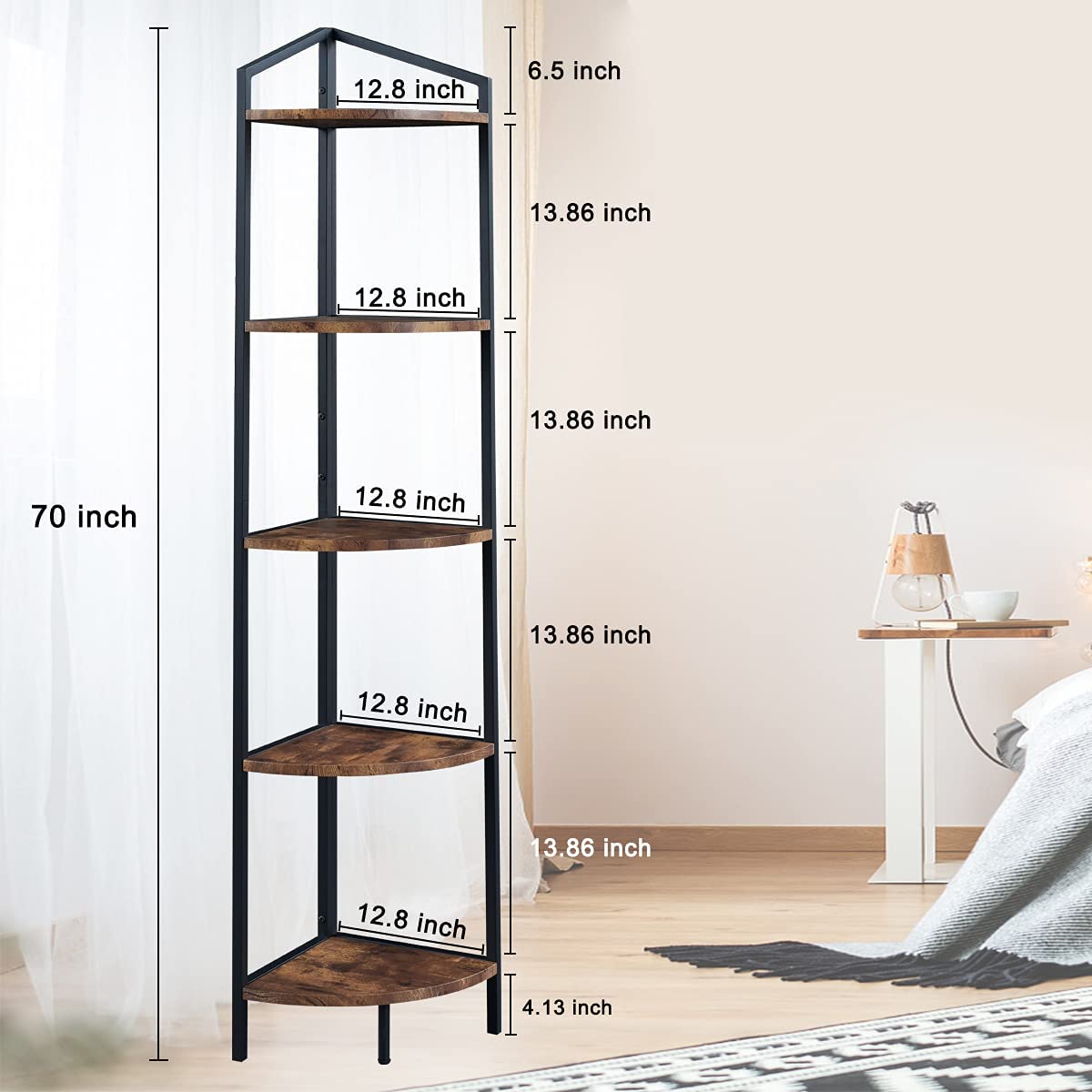 Bookshelf: Modern Rustic Brown 5-Tier Ladder Shelf Corner Bookcase