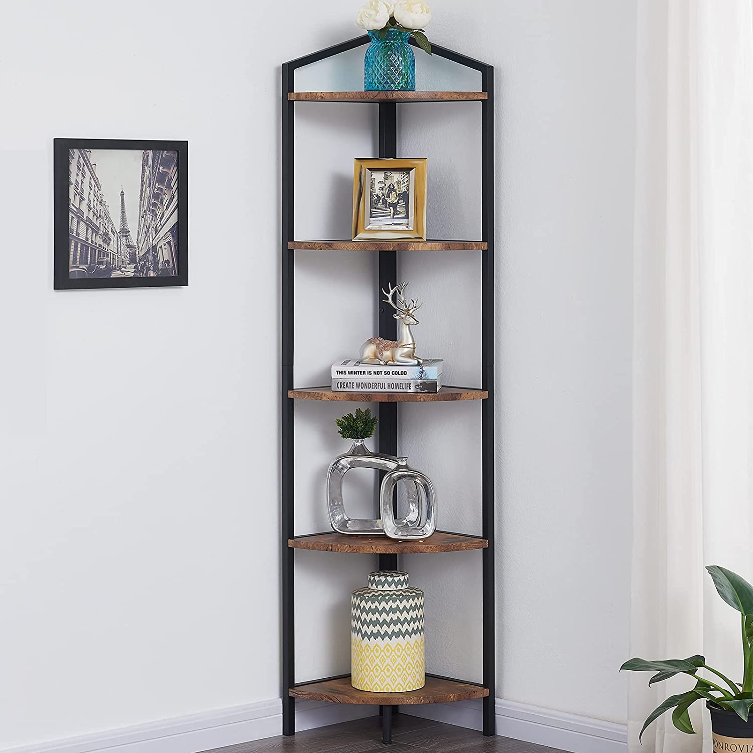 Bookshelf: Modern Rustic Brown 5-Tier Ladder Shelf Corner Bookcase
