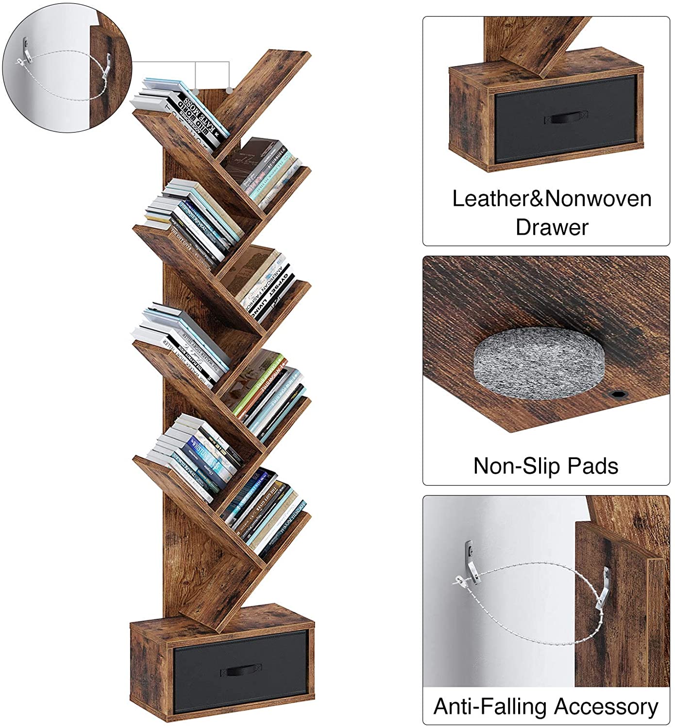 Bookshelf: Rustic Brown 8 Shelf Tree Bookshelf with Drawer