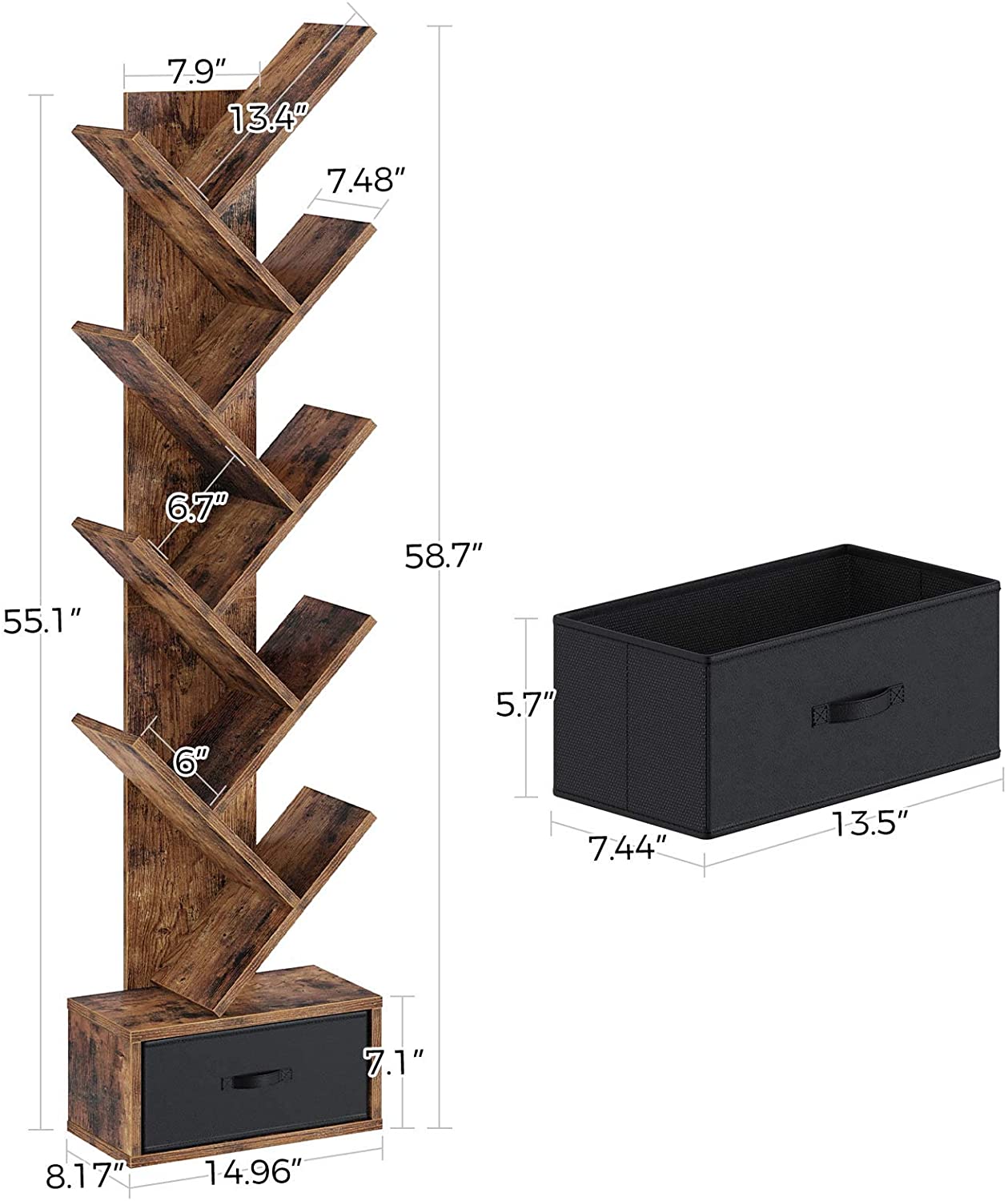 Bookshelf: Rustic Brown 8 Shelf Tree Bookshelf with Drawer