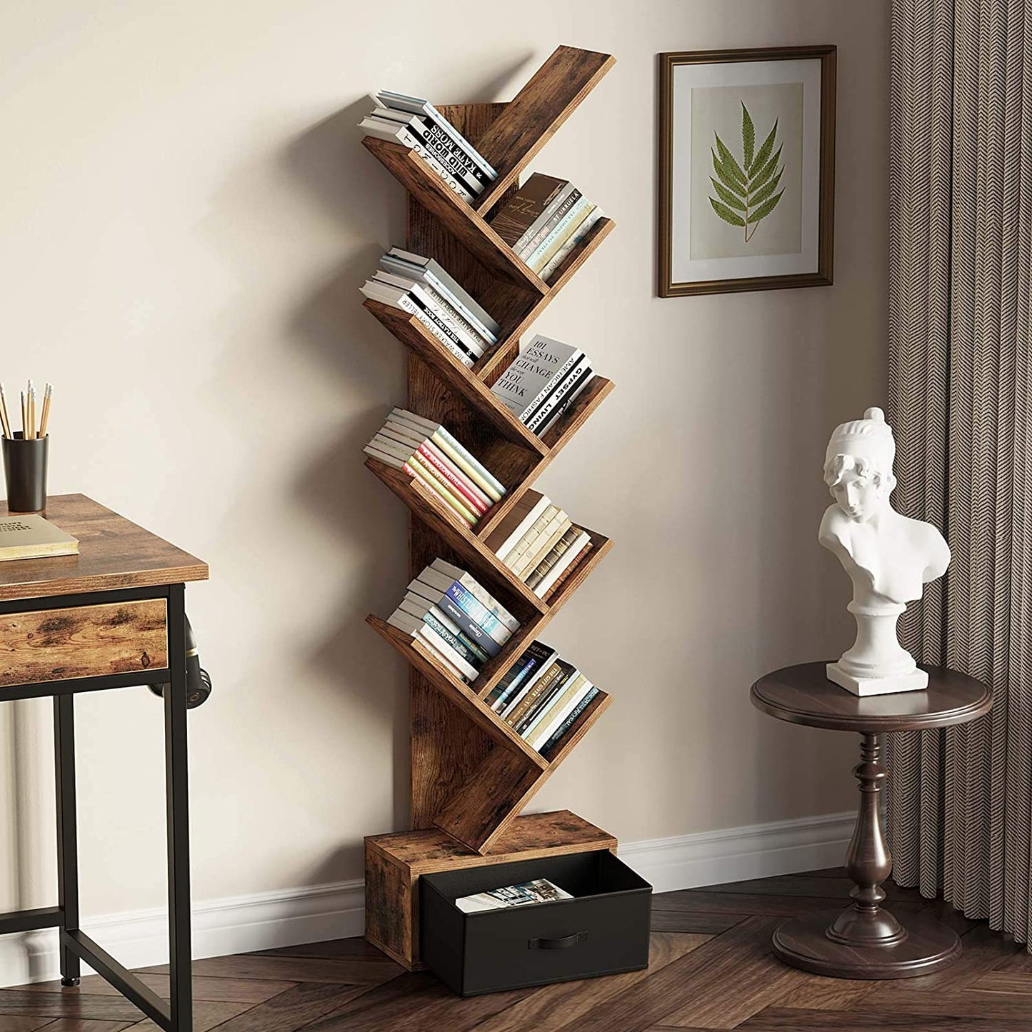 Bookshelf: Rustic Brown 8 Shelf Tree Bookshelf with Drawer