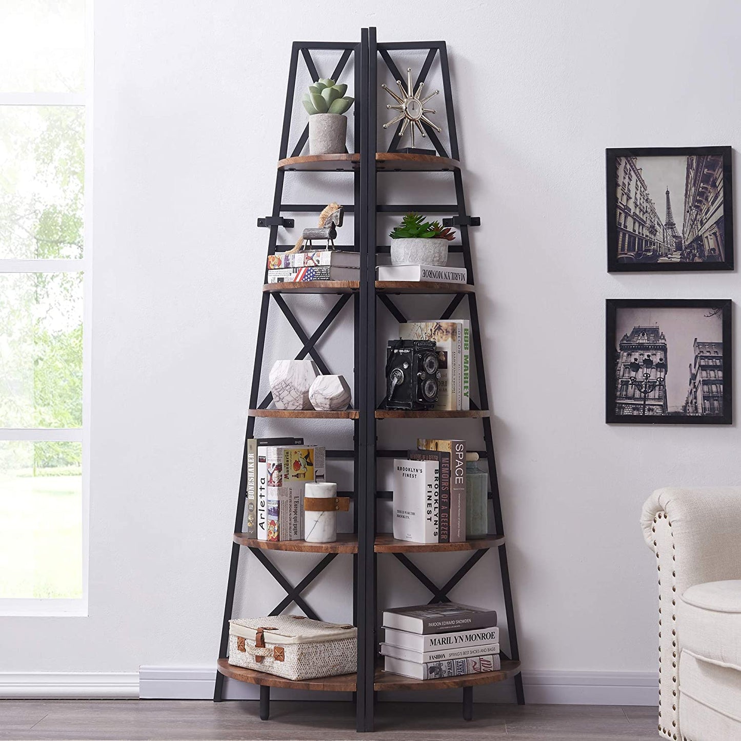 Bookshelf: Rustic Brown Finish 5-Tier Corner Bookshelf with Metal Frame Bookcase