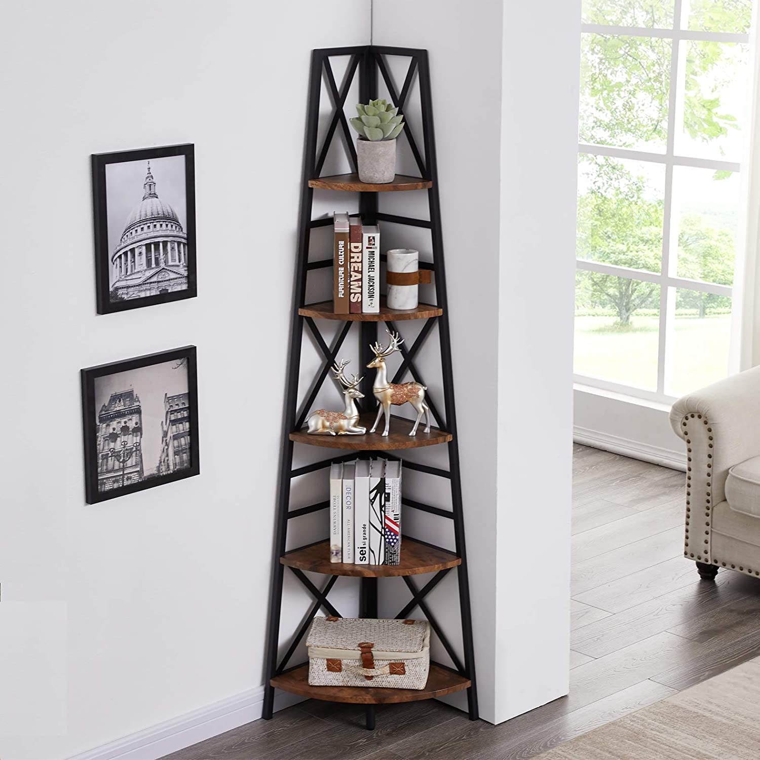 Bookshelf: Rustic Brown Finish 5-Tier Corner Bookshelf with Metal Frame Bookcase