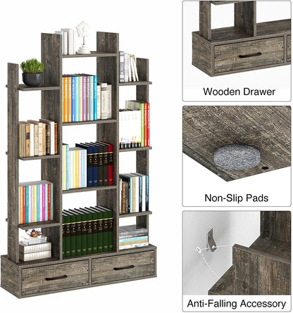 Bookshelf: Rustic Wood Bookshelves with 2 Wooden Drawers