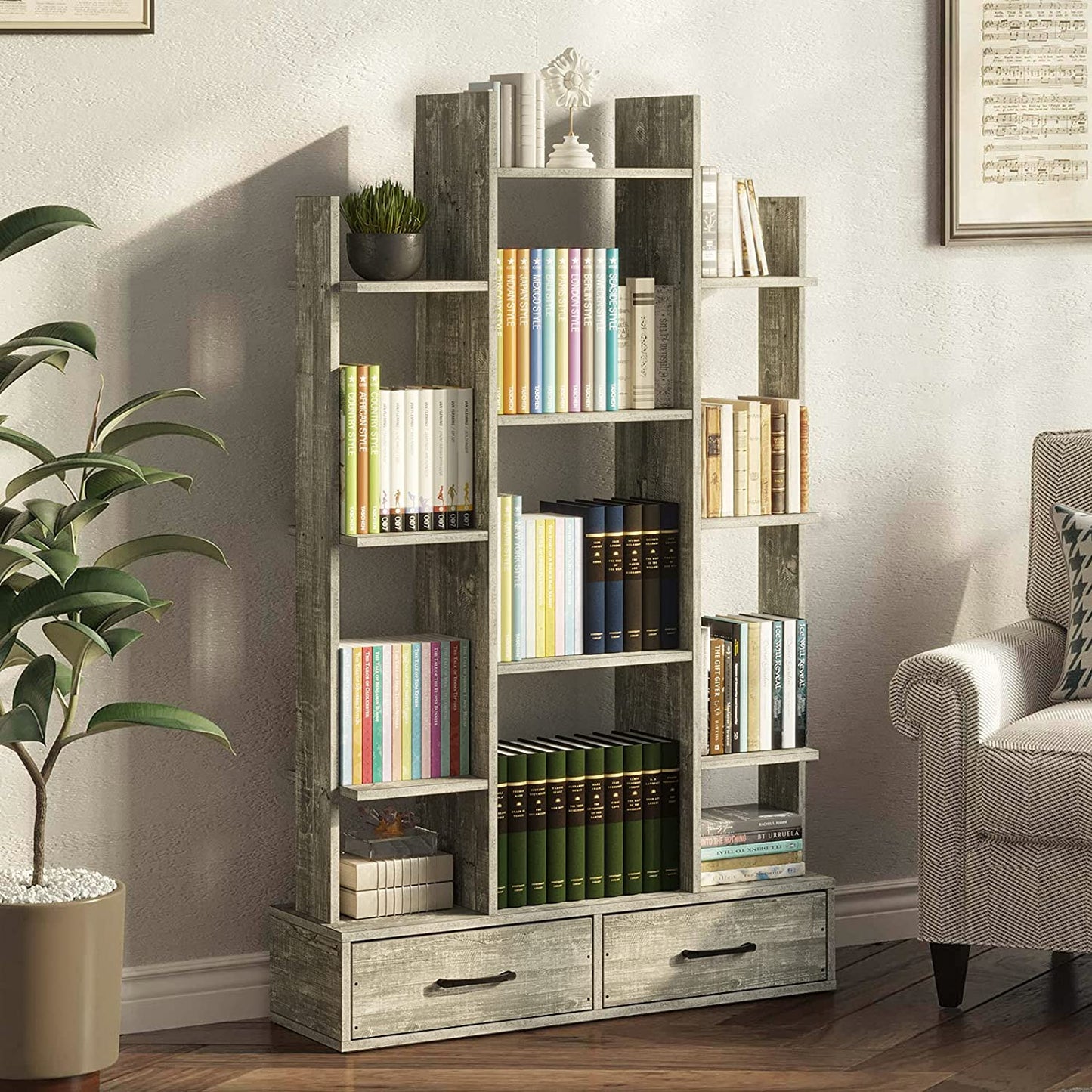 Bookshelf: Rustic Wood Bookshelves with 2 Wooden Drawers