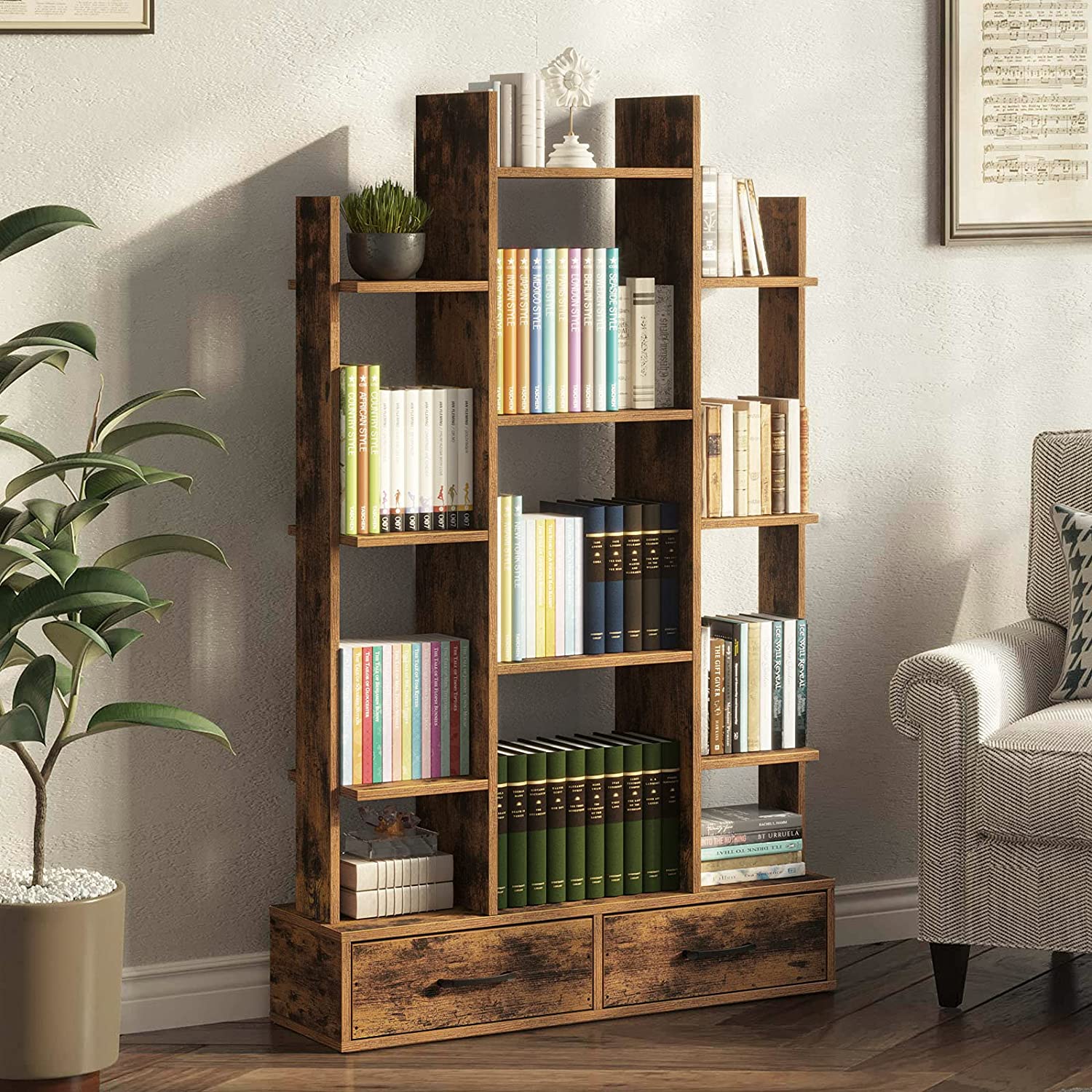 Bookshelf: Rustic Wood Bookshelves with 2 Wooden Drawers