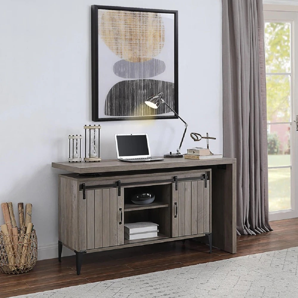 Computer Desk: Gray And Blackish Computer Desk With Sliding Barn Door
