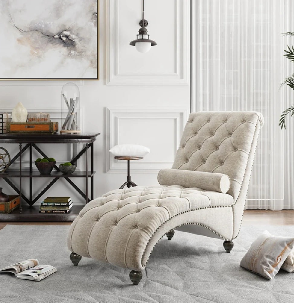 Lounge Chair: Comfy Lounge Chair Chaise with Padded Backrest and Tufted Nailhead