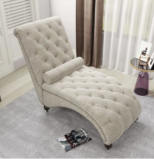 Lounge Chair: Comfy Lounge Chair Chaise with Padded Backrest and Tufted Nailhead