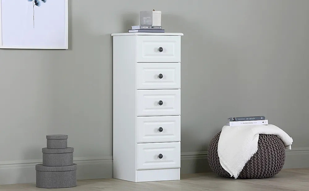 Chest Of Drawers: White Narrow 5 Drawer Chest Of Drawers