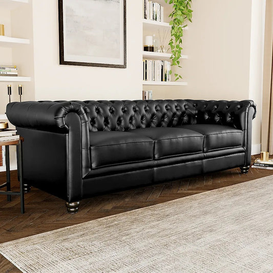 Chesterfield Sofa Set: Black Leatherette 3 Seater Sofa Set