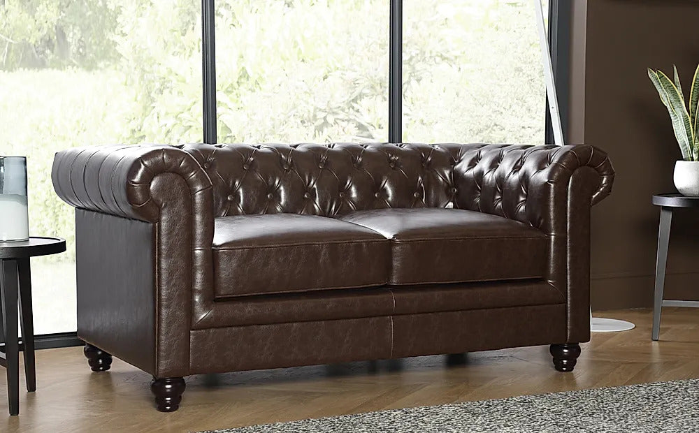 Chesterfield Sofa Set: Chestnut Leatherette 3+2 Seater Sofa Set