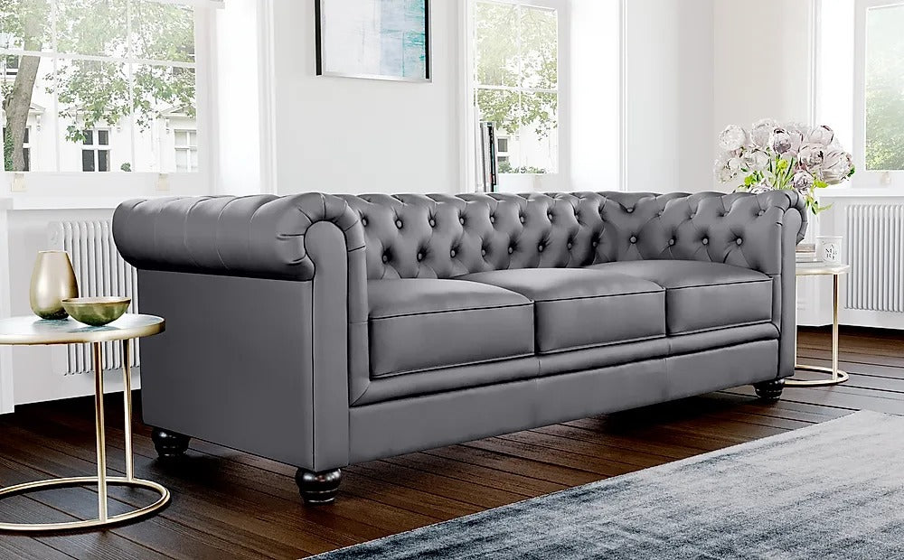 Chesterfield Sofa Set: Grey Leatherette 3 Seater Sofa Set