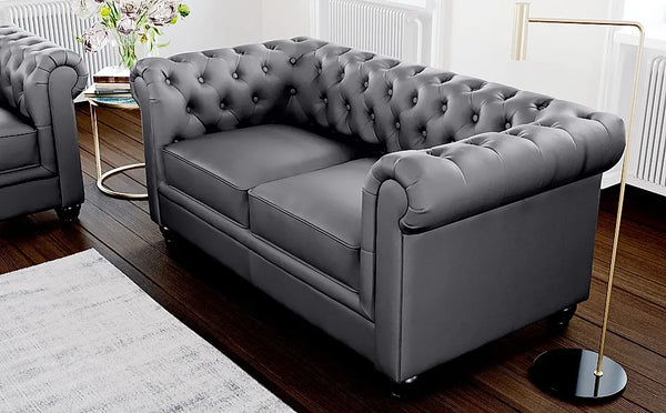 Chesterfield Sofa Set: Grey Leatherette 3+2 Seater