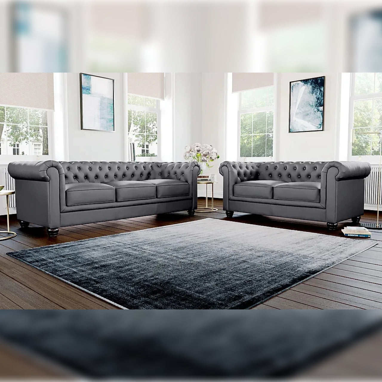 Chesterfield Sofa Set Grey Leatherette