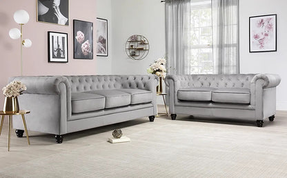 Chesterfield Sofa Set Grey Velvet 3+2 Seater