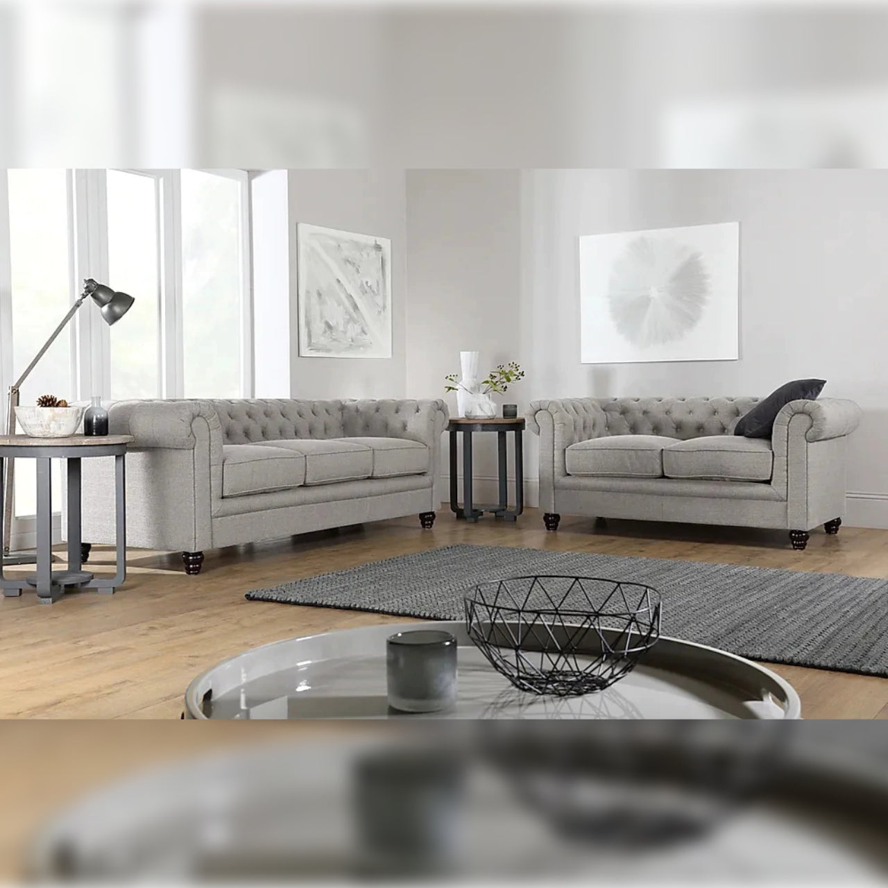 Chesterfield Sofa Set: Light Grey Fabric 3+2 Seater