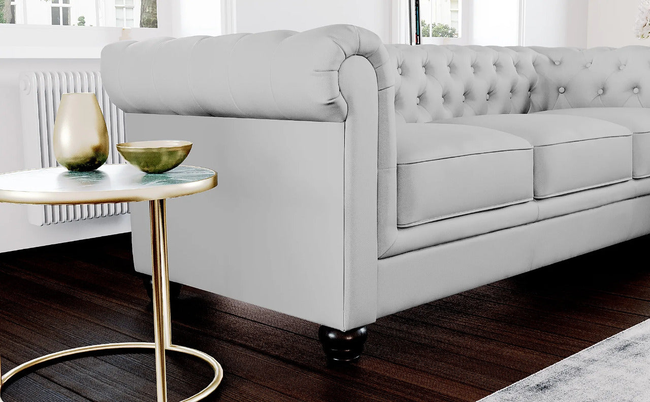 Chesterfield Sofa Set: Light Grey Leatherette 3 Seater Sofa Set