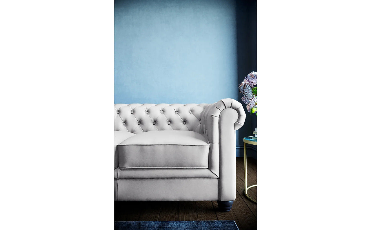 Chesterfield Sofa Set: Light Grey Leatherette 3 Seater Sofa Set