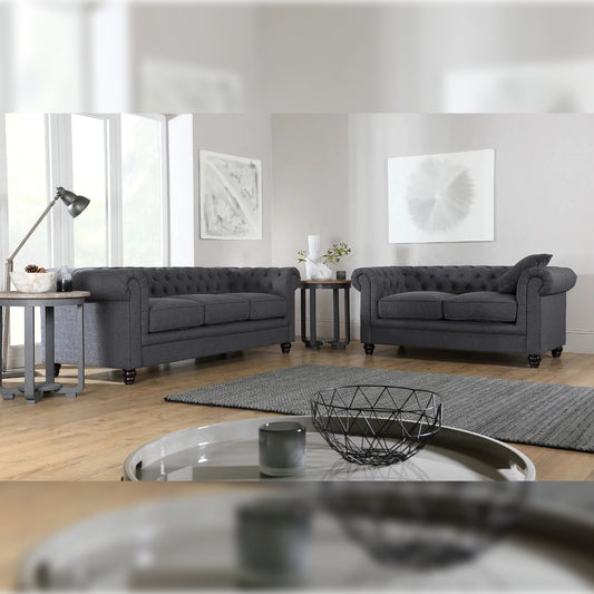 Chesterfield Sofa Set  Slate Grey Fabric 3+2 Seater