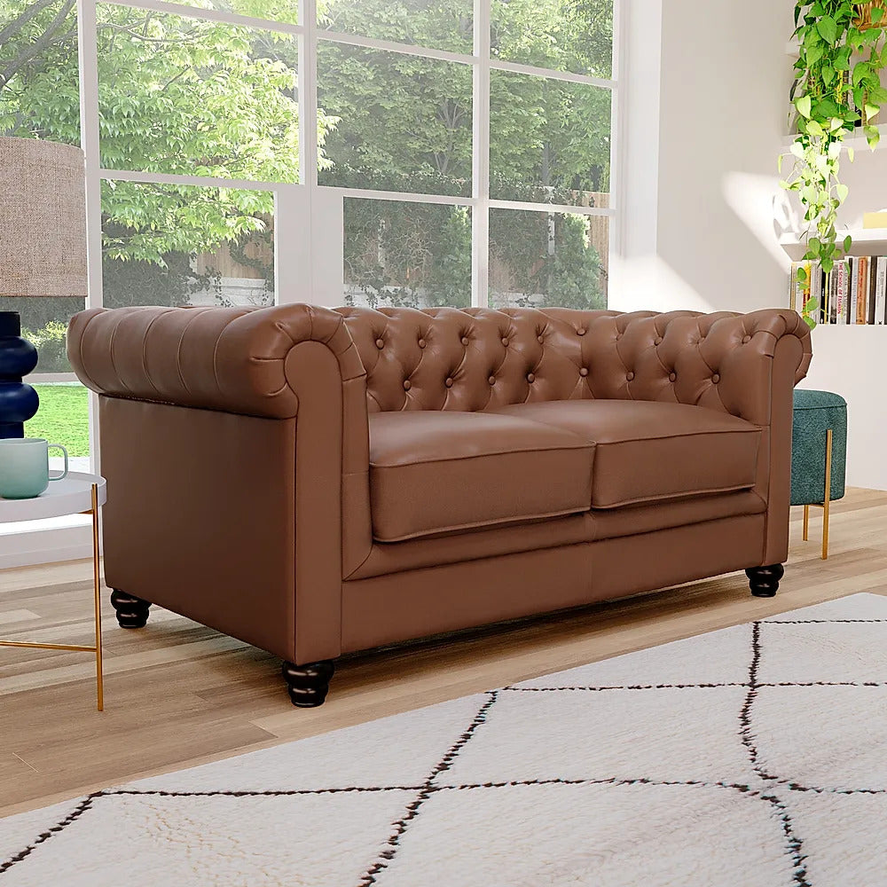 Chesterfield Sofa Set: Tan Leatherette 3+2 Seater