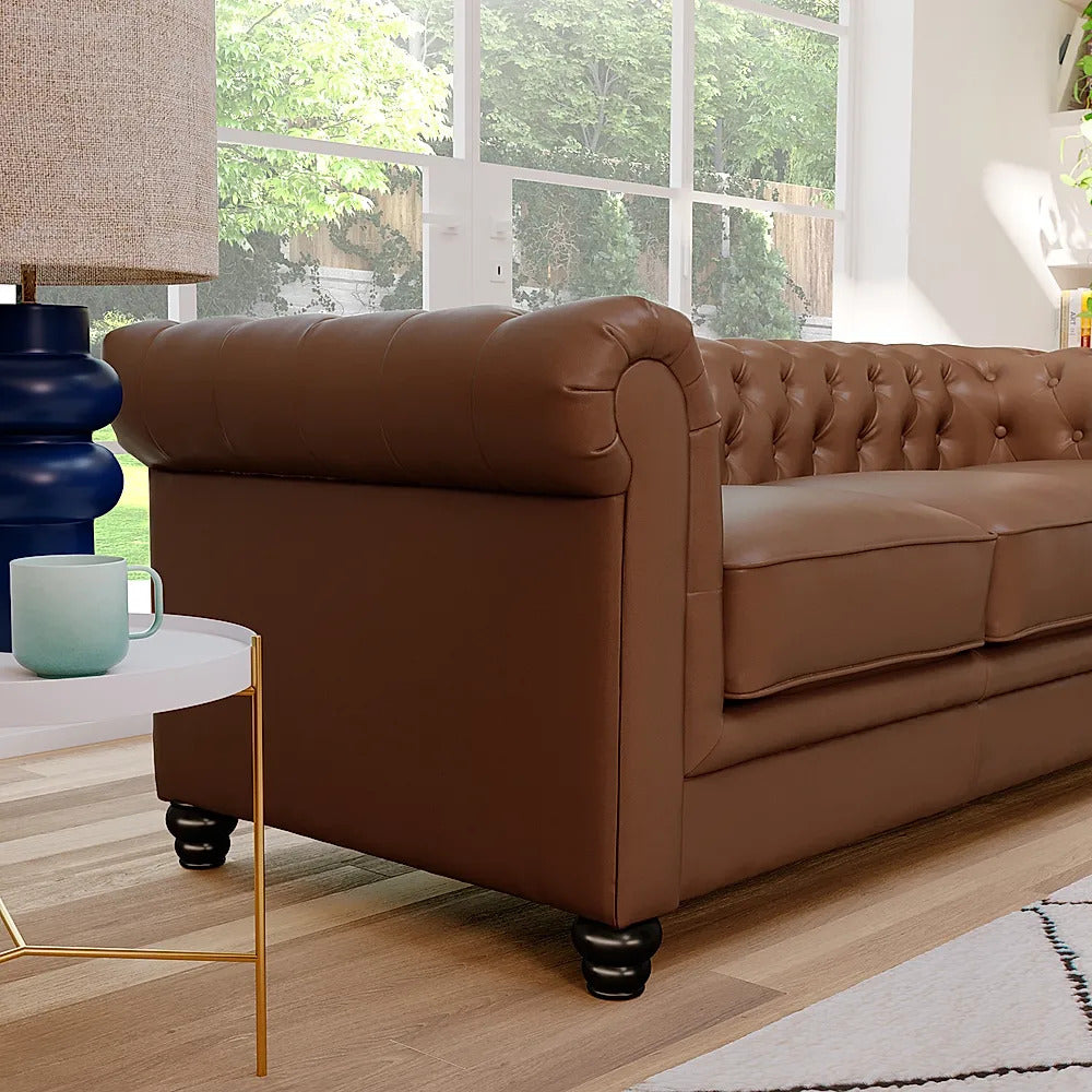 Chesterfield Sofa Set: Tan Leatherette 3+2 Seater