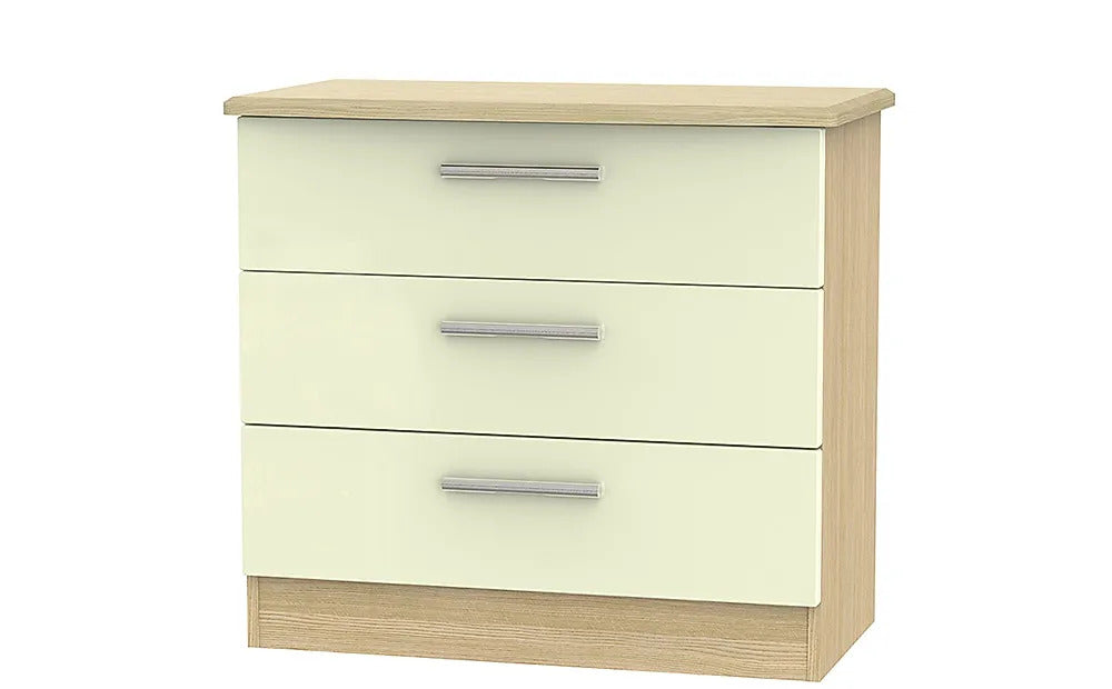 Chest of Drawers: Cream High Gloss and Oak 3 Drawer Chest Of Drawers