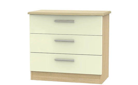 Chest of Drawers: Cream High Gloss and Oak 3 Drawer Chest Of Drawers