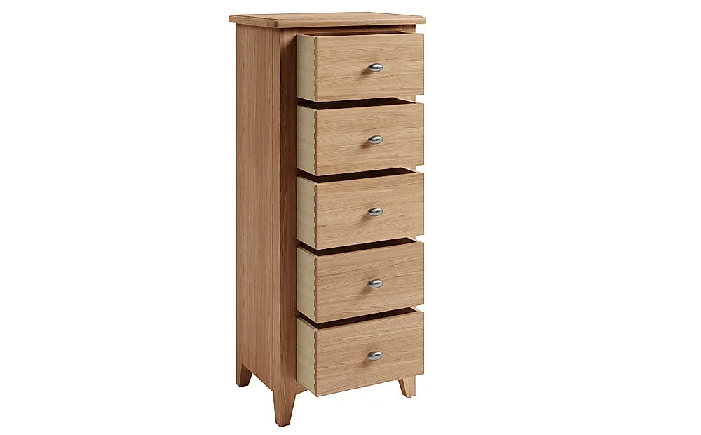 Chest of Drawers: Oak  Tall Narrow 5 Drawer