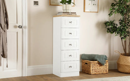 Chest of Drawers: Oak Tall Narrow 5 Drawer Chest of Drawers