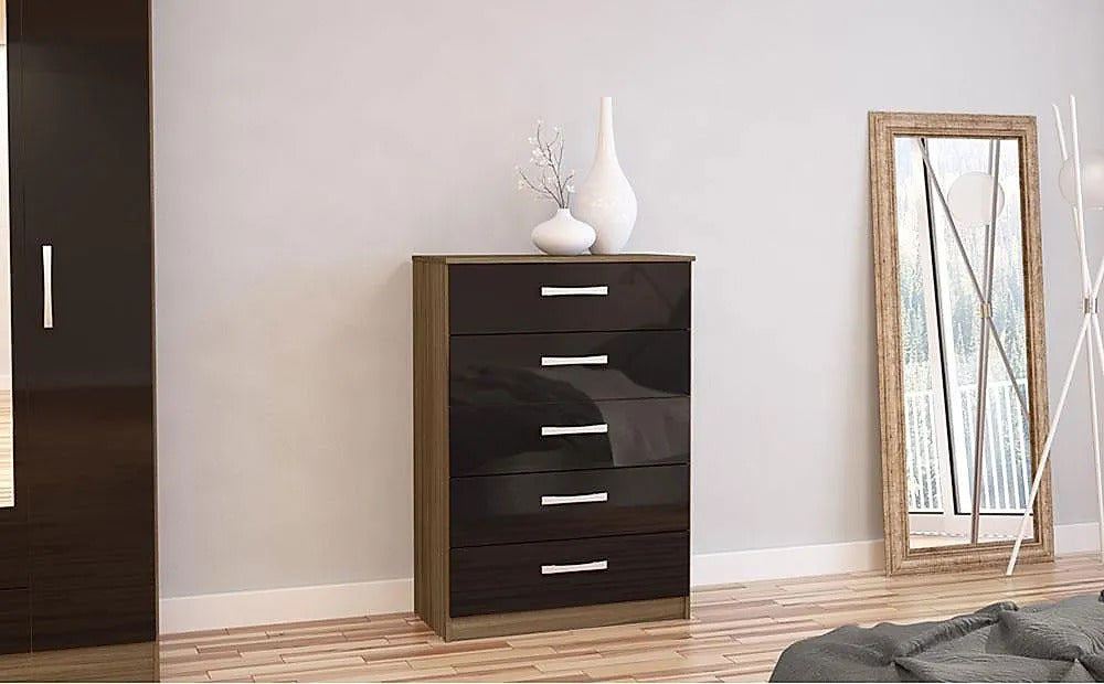 Chest of Drawers Walnut and Black High Gloss 5 Drawer 
