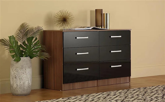Chest of Drawers: Walnut and Black High Gloss 6 Drawer