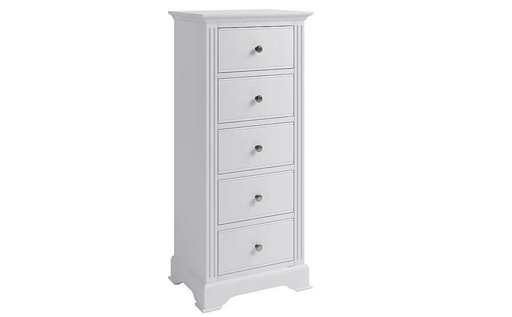 Chest of Drawers White Tall Narrow 5 Drawer